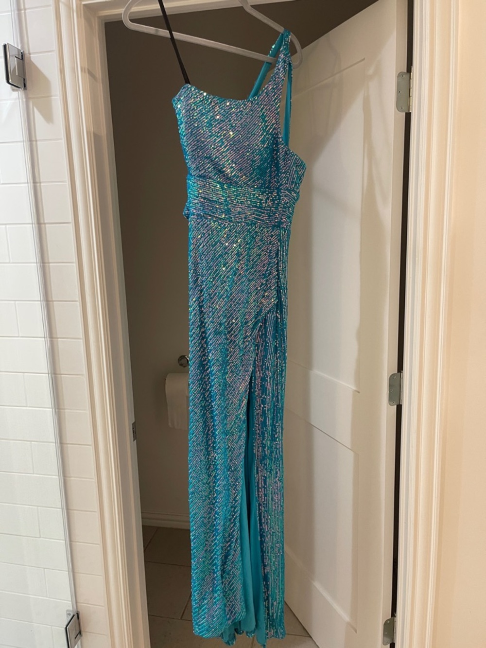 Windsor Teal Sequin One-Shoulder Evening Dress